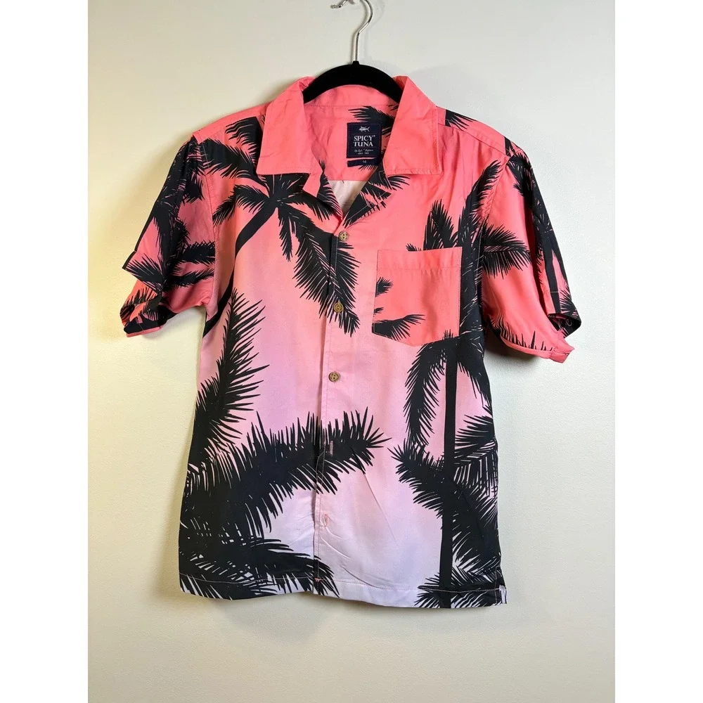 Spicy Tuna Palm Tree Hawaiian Shirt Tropical Resort Wear Pink‎ Black Size 14